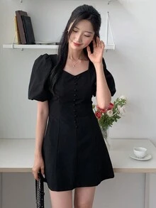 DAZY 純色蓬蓬袖腰間綁帶a字裙 - 黑色 - 查看 7