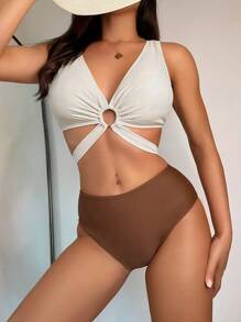 SHEIN Swim Women's Color Block Hollow Out Two-Piece Bikini Set Summer Beach - Multicolor - View 7