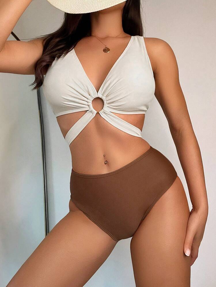 Women's Color Block Hollow Out Two-Piece Bikini Set Summer Beach