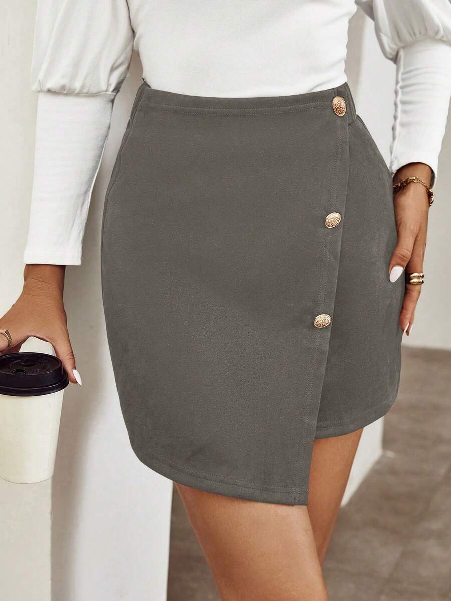 SHEIN Clasi 女性不對稱收皺裙 - 灰色 - 查看 1