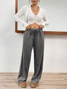 SHEIN EZwear Women's Drawstring Straight Leg Sweatpants - Dark Grey - View 4