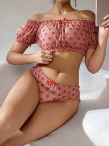 SHEIN 情人節女士心形印花挑逗肩短袖性感內衣套裝 - 粉色 - 查看 1