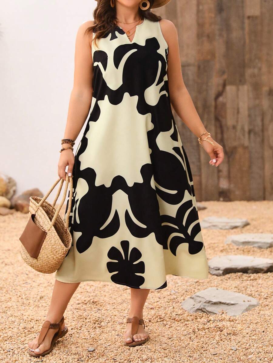 SHEIN Unity Plus Size Printed Notched Neckline Sleeveless Dress With Cutout Detail Maxi Women Outfit - Yellow - View 1