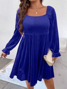 SHEIN Clasi Plus Size Solid Color Flounce Sleeve Dress - Royal Blue - View 4