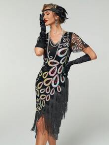 Women's 1920s Vintage Fringed Sequin Mesh Short Sleeve Cocktail Dress - Black - View 4