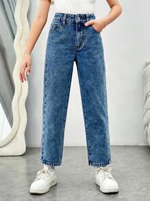 SHEIN Tween Girls' Sun, Moon, Human Face Embroidered Jeans - Medium Wash - View 2