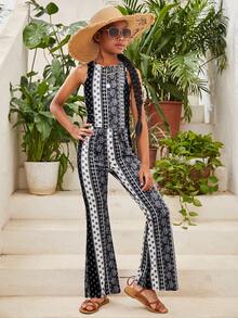 青少年女孩休閒度假花卉印花圓領無袖背心和喇叭褲套裝 - 黑與白 - 查看 4