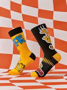 GARFIELD | SHEIN 2pcs/Set Funny Cartoon Pattern Cotton Breathable Moisture Wicking Mid-Calf Socks For Men & Women