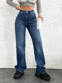 Cottnline Women's High Waist Flared Jeans With Cleaned Finish And Slanted Pockets - Blue - View 4