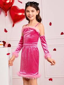 SHEIN Tween Girls' Knit Net Fuzzy & Velvet Spaghetti Strap Tank Top And Skirt With Half Sleeves - Hot Pink - View 4