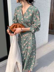 DAZY Women'S Elegant Floral Print Wrap Neckline Dress - Green - View 6