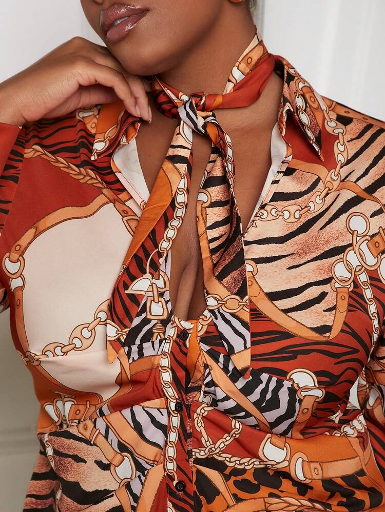 Plus Size Animal Print & Chain Pattern Splice Dress