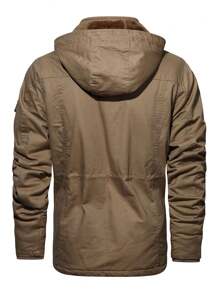 男士冬季外套,休閒風格貨物夾克,厚款多個口袋,可拆卸帽子帶拉鍊外套,防風保暖 - 卡其色 - 查看 2