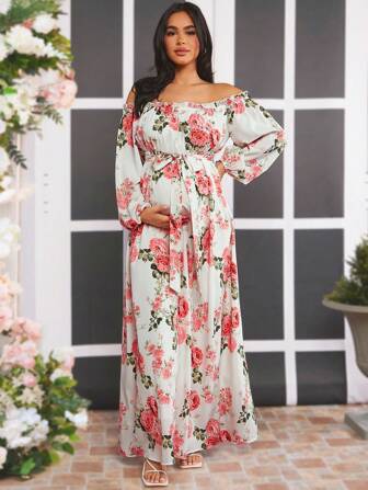 SHEIN Robe de maternité à manches longues à épaules dénudées avec imprimé floral