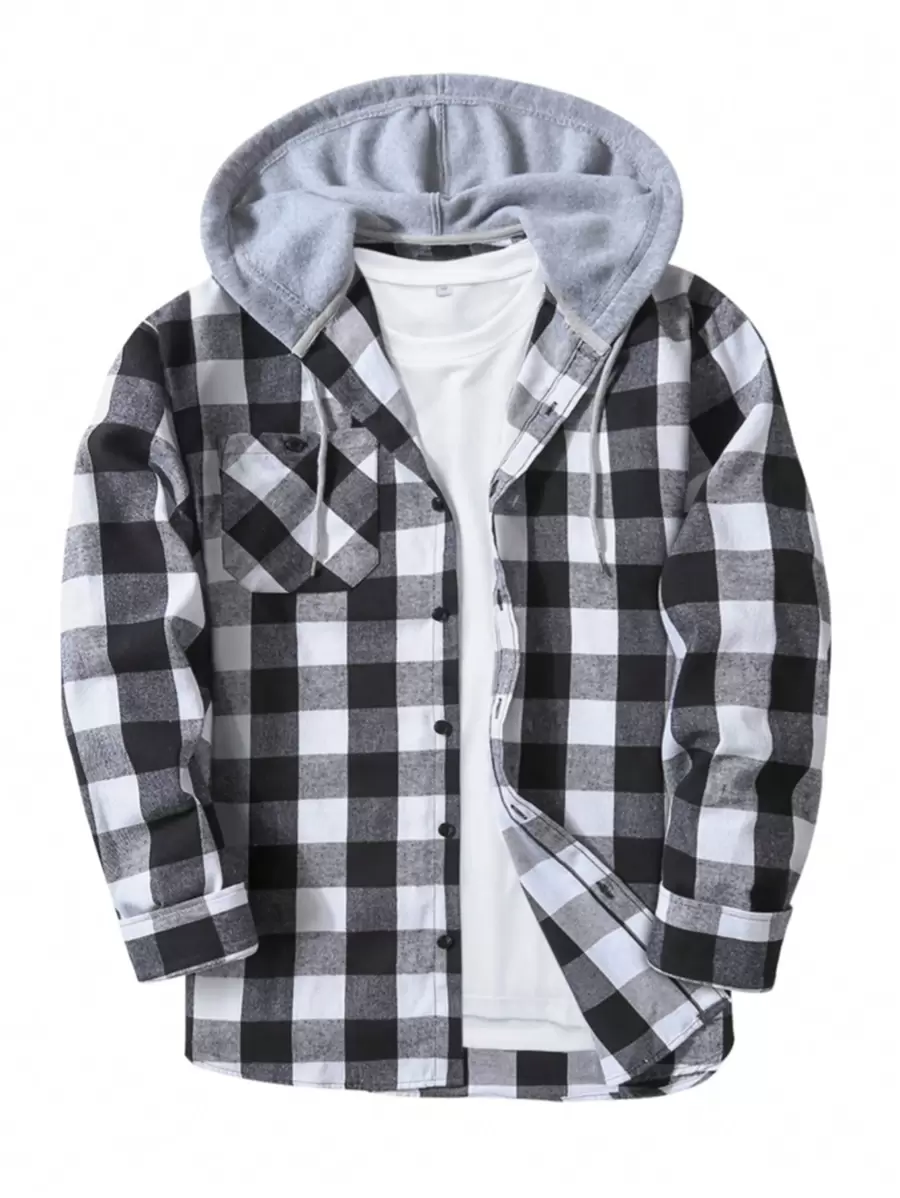 Áo sơ mi kẻ sọc flannel nam Áo sơ mi cài nút thường ngày Áo sơ mi dài tay dáng rộng - Đen và trắng - Xem 1