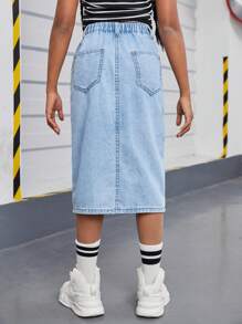 SHEIN Tween Girls' Fashionable, Casual, Comfortable, High-Slit, Washed Denim Skirt