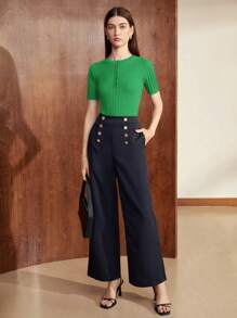 BizChic Ngắn tay Nút Nửa Dệt kim Áo - màu xanh lá - Xem 5