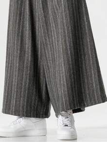 男士中国风加厚羊毛条纹阔腿裤，新款中国风休闲裤，保暖防风 - 灰色 - 查看 6