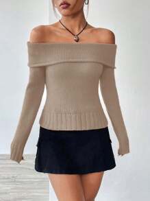 Flirla Sexy Off Shoulder Women's Knit Pullover Fall Winter Sweater - Khaki - View 6