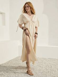 Bohemela 女式海灘度假蝙蝠袖雙面開衩連身裙 - 杏色 - 查看 2