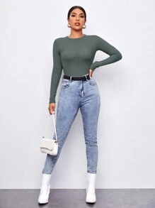 SHEIN Essnce 女款修身長袖窩夫針織t恤 - 綠色 - 查看 4