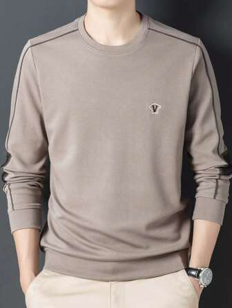 Men's Warm Lined Long Sleeve T-Shirt With Contrast Color Rolled Edge