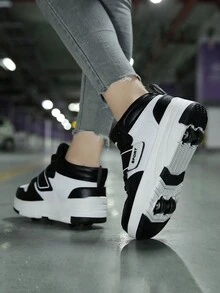 Children's Outdoor Double Wheel Roller Shoes - Black and White - View 3