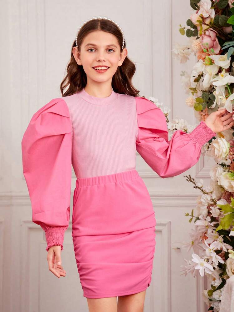 Tween Girls' Knitted Stand Collar Top With Woven Puff Sleeves & Knitted Solid Color Skirt Set