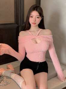 DAZY Của phụ nữ Màu thuần Xu hướng: Cắt giảm Dây Tay áo chuông Áo thun - Hồng - Xem 2