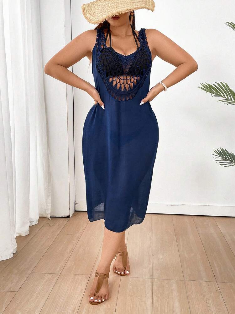 Plus Size 1pc Crochet Panel Sleeveless Cover Up Dress Music Festival Summer