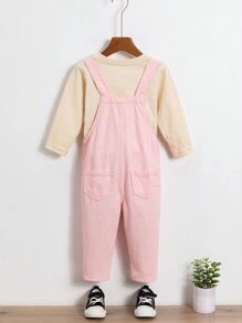 Baby Girl Pink Embroidered Denim Overalls - Pink - View 2