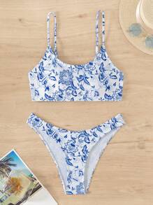 Swim Mod Women's Separated Floral Printed Bikini Set With Shoulder Straps, Pattern Randomly Selected Carnival Summer Beach - Blue and White - View 1