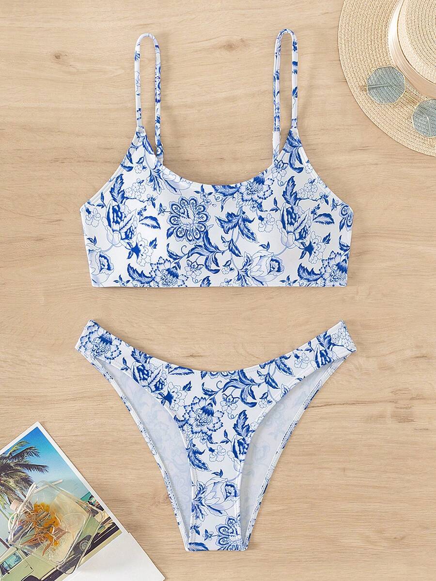 Swim Mod Women's Separated Floral Printed Bikini Set With Shoulder Straps, Pattern Randomly Selected Carnival Summer Beach - Blue and White - View 1