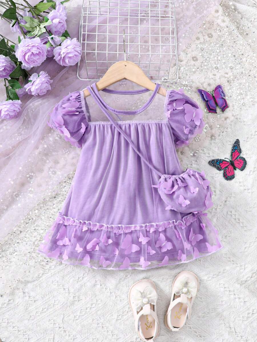 Baby Girls' Butterfly Applique Mesh Splicing Dress - Purple - View 1
