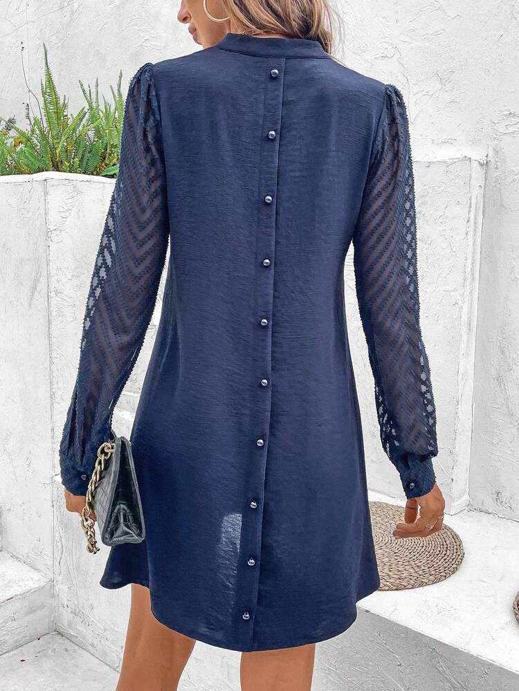 Women'S V-Neck Mesh Panel Splicing Long Sleeve Dress Winter Casual Blue
