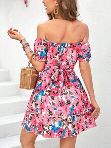 SHEIN VCAY Của phụ nữ Hoa In Off Shoulder Đầm - Nhiều màu - Xem 2
