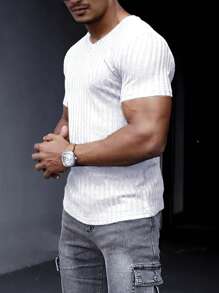 NITAGUT 男士素色V領T恤 - 白色 - 查看 4