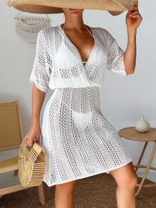 SHEIN Swim 1 件女式针织罩衫连衣裙，带围脖领口和孔眼细节，夏季 - 白色 - 查看 3