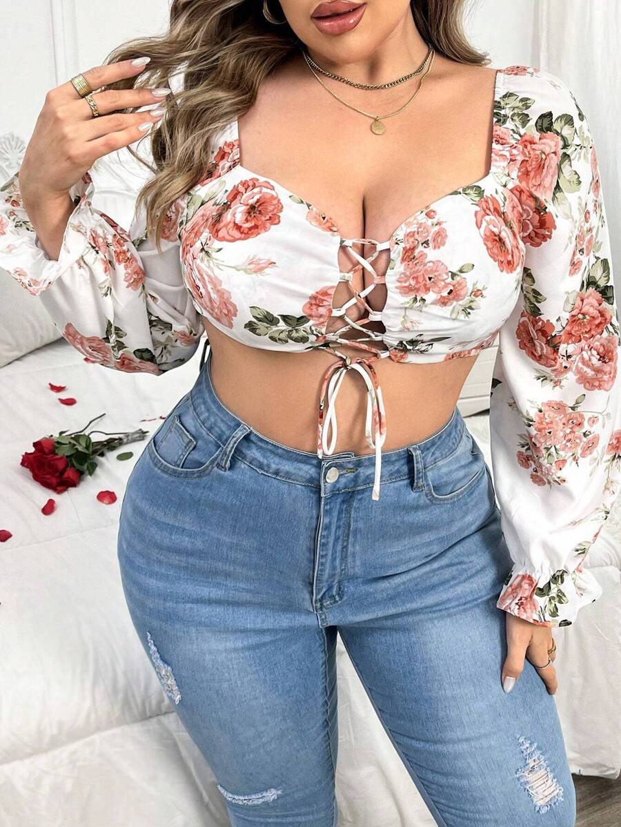 Flirla 大碼花卉印花波浪袖上衣,綁帶前部細節 - 彩色 - 查看 1