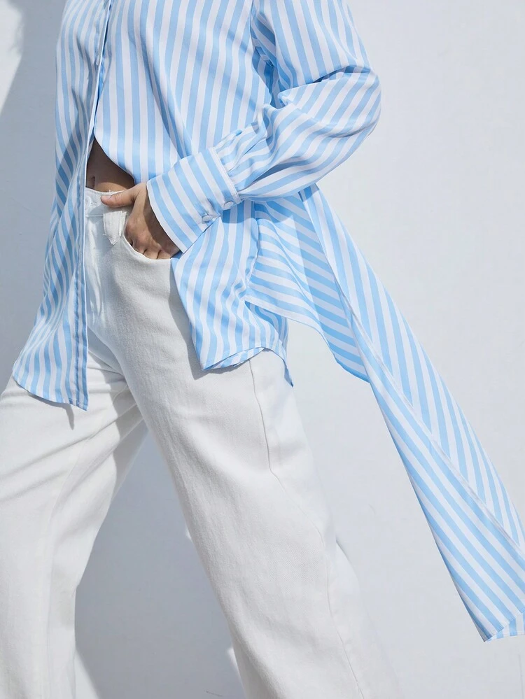 Women's Striped Drop Shoulder Long Sleeve Blouse