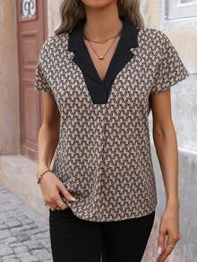 SHEIN Clasi 女士彩色拼接對比領口蝙蝠短袖襯衫 - 摩卡棕 - 查看 4