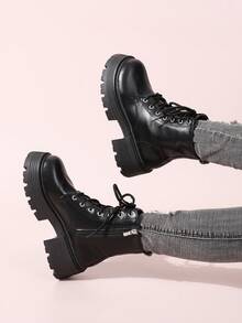 女士新款春秋黑色時尚、舒適、優雅的踝靴和短靴,側邊拉鍊細節,圓頭設計,厚實大底 - 黑色 - 查看 1