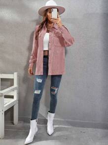 SHEIN Essnce Flip Pocket Front Long Sleeve Shirt - Pink - View 5