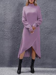 SHEIN Clasi Women's High Neck Split Hem Sweater Dress - Purple - View 4