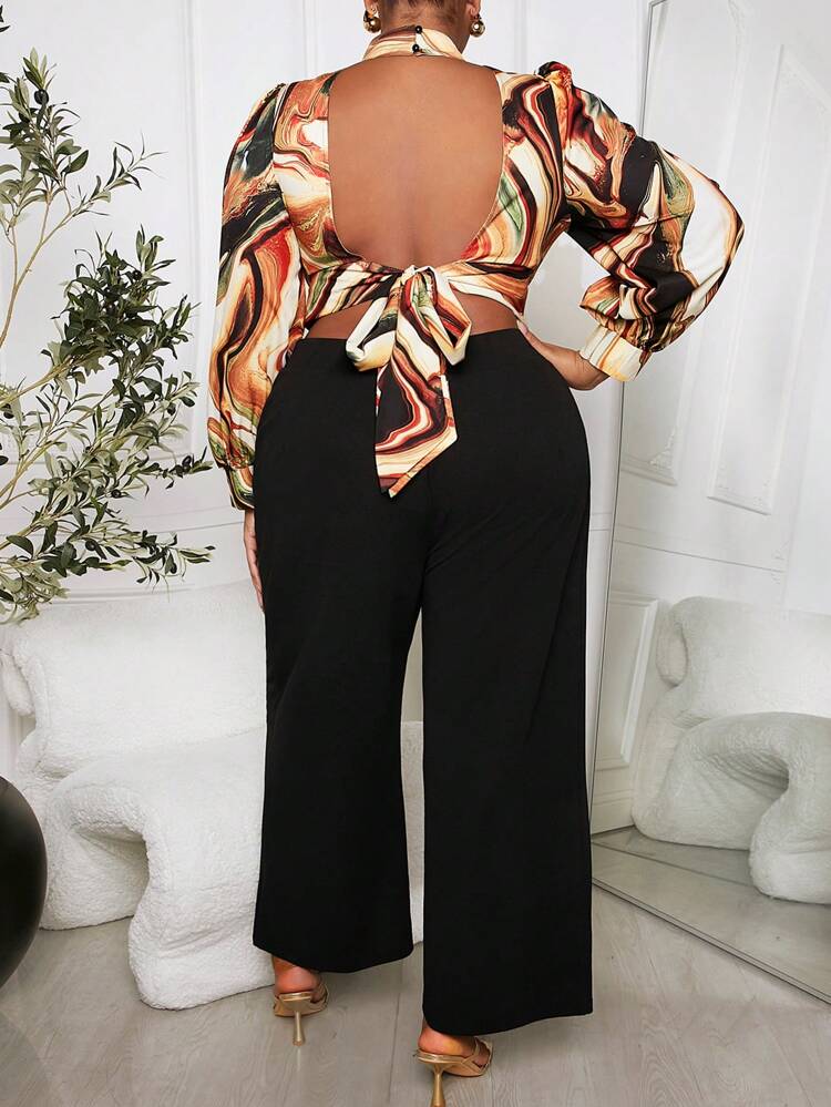 Plus Size Women'S Hollow Out Flowy Printed Colorblock Two Piece Set