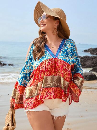 SHEIN VCAY Plus Size Women's Plant Printed Off Shoulder  Country Concert Shirt