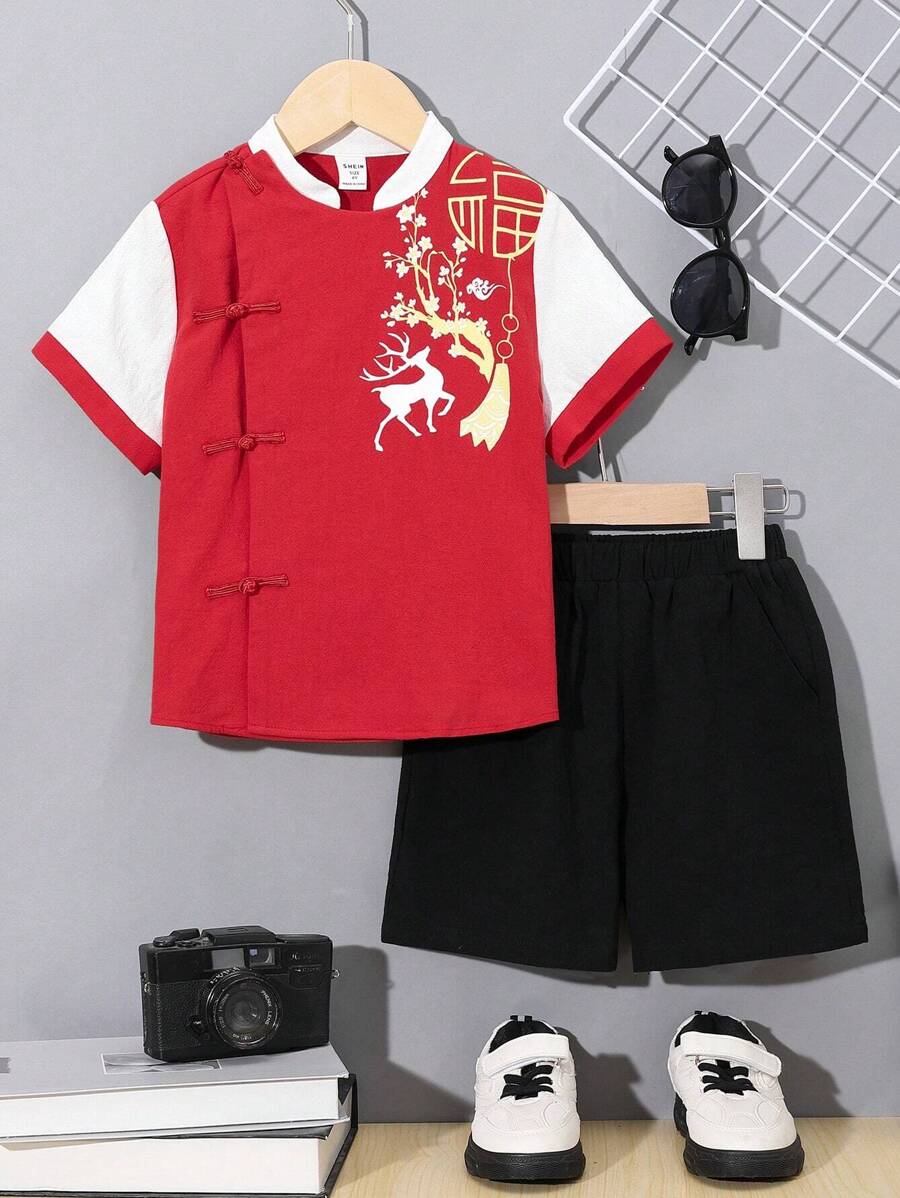 SHEIN Conjunto Casual De Dos Piezas Hanfu Estilo Chino Con Estampado, Para Niño Joven. Incluye Camisa De Manga Corta Con Cuello Alto Y Pantalones