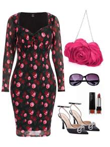 Ellevyn Sweetheart Neckline Floral Mesh Overlay Dress - Multicolor - View 1