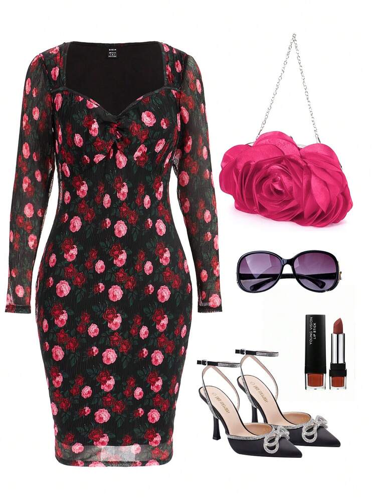 Sweetheart Neckline Floral Mesh Overlay Dress