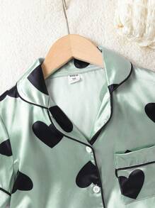Tween Girls' Heart Printed Green Satin Shorts & Short Sleeve Cardigan With Button And Two Pockets Casual 2pcs Home Outfit - Green - View 6